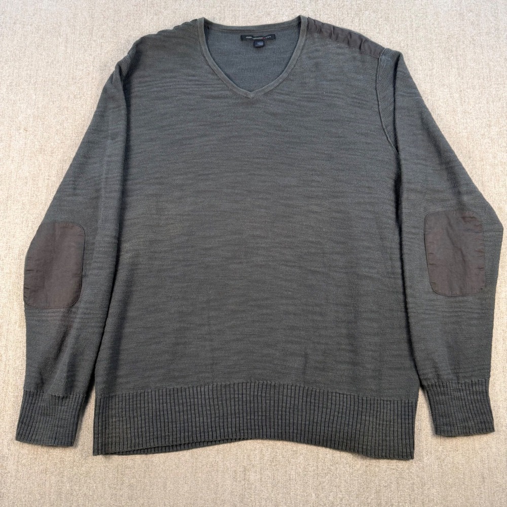 John Varvatos V-Neck Sweater Mens XL Grey Elbow Patch Cotton Linen Knit